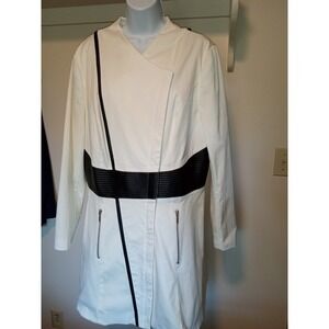 Venus Beige Coat Full Zip Pockets Size 16 Faux Leather Trim Mid Length Lined